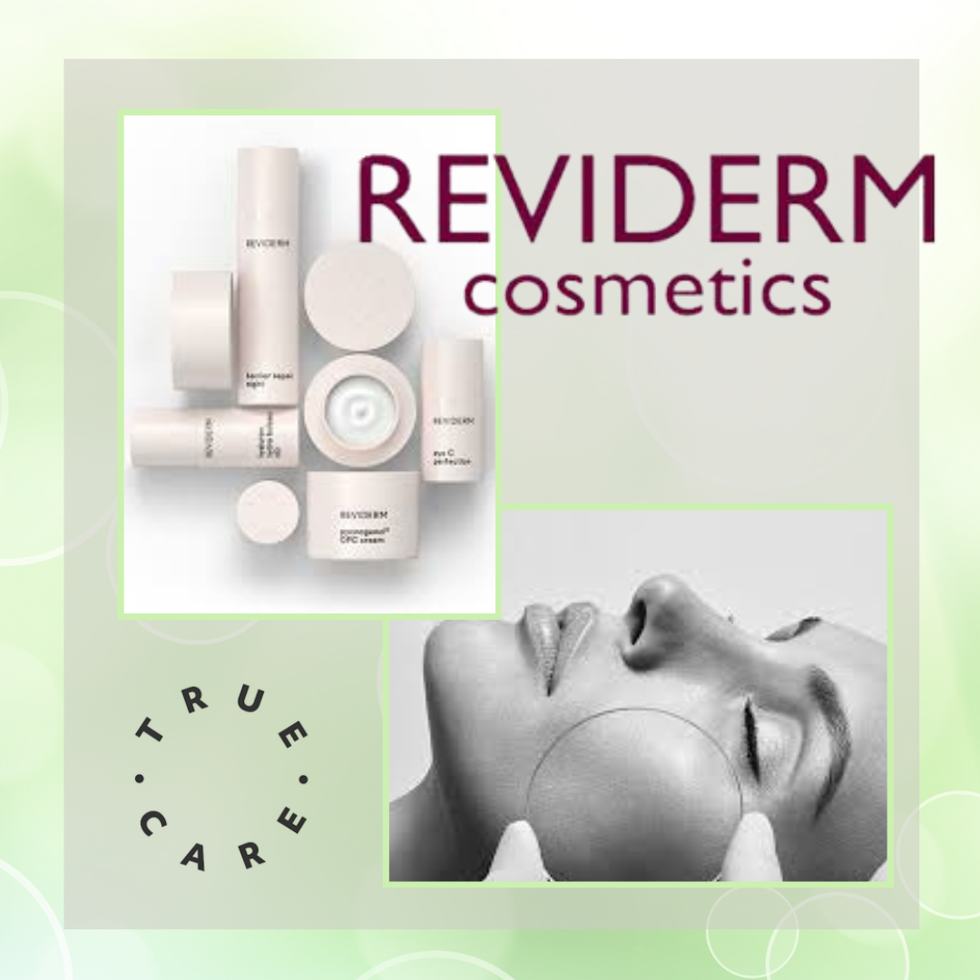 Reviderm Logos, Produkte und ein Frauengesicht