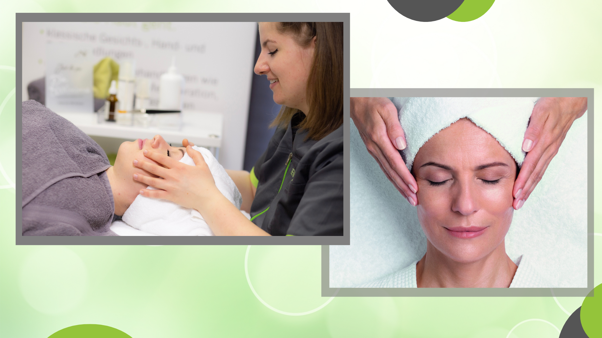 Eine Gesichtsbehandlung bei BENNissimo rechts oben, links unten eine allgemeine Gesichtsbehandlung