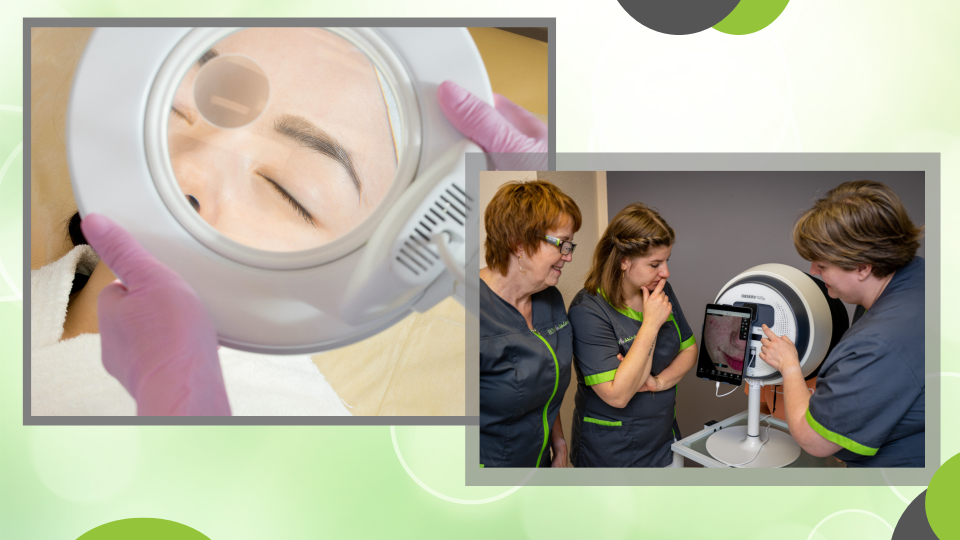 links oben ein Blick durch die Lupe auf ein Gesicht, rechts unten das Team berät vor dem Bildschirm