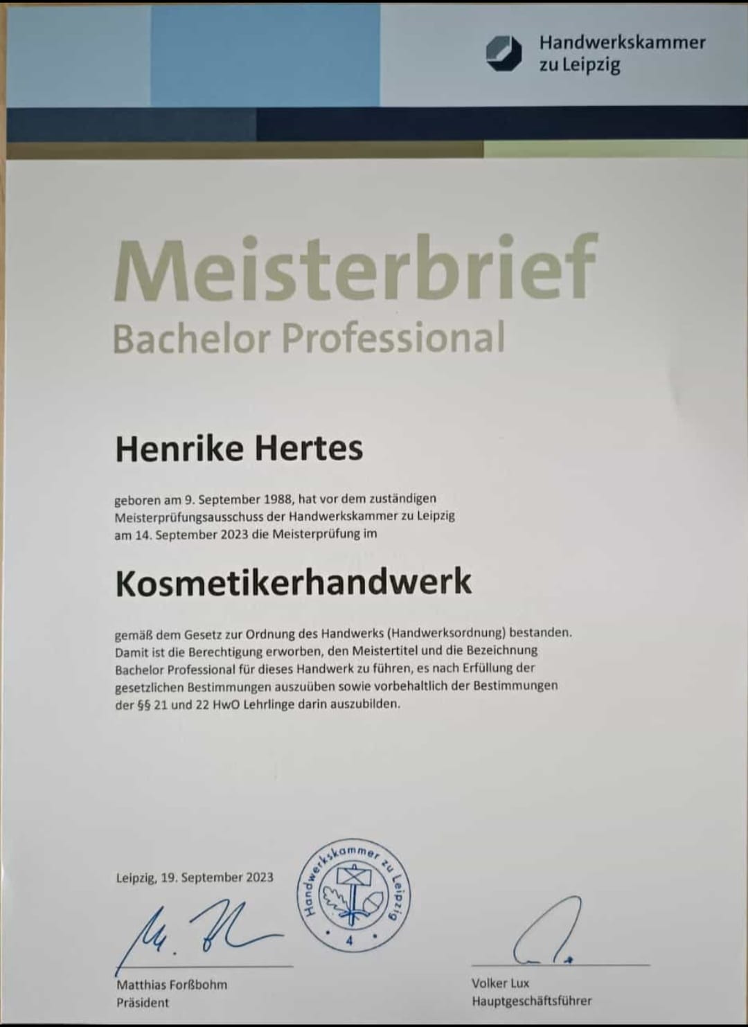 Der Meisterbrief von Henrike Hertes